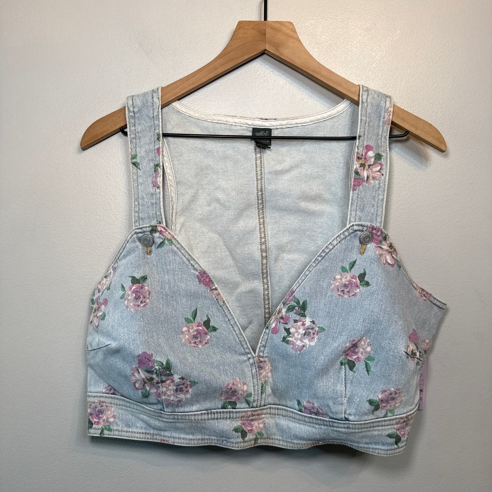 Wild Fable Women's Floral Denim Crop Top Light Wash Side Zip Bustier Size XXL